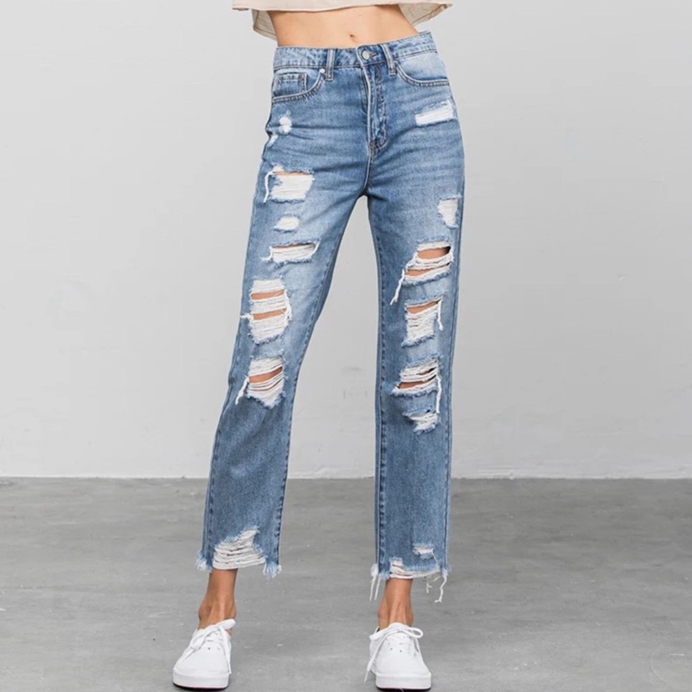 Insane Gene Abby Boho Distressed High Rise Girlfriend Jeans Medium Blue 9/28